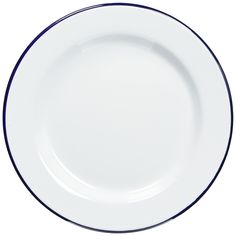 an empty white plate with blue trim on it