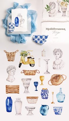 blue and white dishes, vases, cups and other items