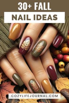 Burgundy Nails With Fall Leaves, Fall Color Nails Autumn Gel, Autumn Manicure Ideas, Fall Nail Manicure Ideas, Fall Mustard Nails, Fall Nails Different Color Each Nail, Fall Nail Designs For Short Nails, Short Round Nails Fall, Mustard Nails Design