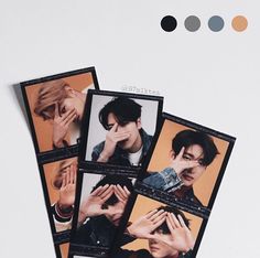 four polaroid photos of two young men touching their hands