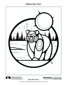 an image of a bear with the moon above it and trees in the background, coloring book page