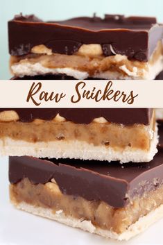 three pieces of chocolate and peanut butter bar stacked on top of each other with the words raw stickers above them