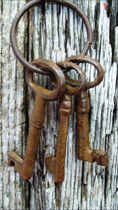 two old rusty keys attached to a wooden door