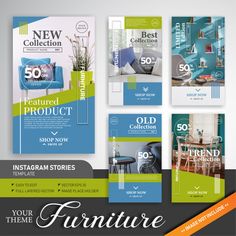 a set of brochures for furniture stores with different colors and designs on them