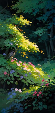 a painting of trees and flowers in the woods with sunlight coming through them on a dark background