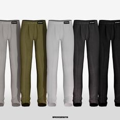 five men's pants in different colors and sizes