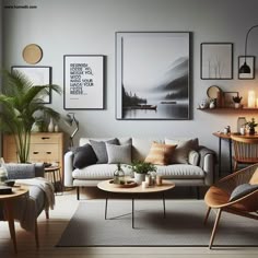 a living room filled with lots of furniture and pictures on the wall above it's coffee table