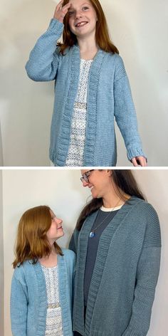 two photos of a woman wearing a blue cardigan and standing next to each other