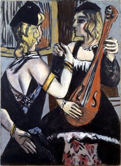 a painting of two people playing instruments