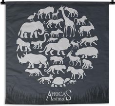 an african animal circle with silhouettes in the middle and grass around it on a dark background