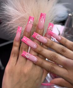 Nail Inspo Long Square Pink, Pink Taurus Birthday Nails, Pink Baddie Nail Designs, Pink Sets Nails, Long Acrylic Nails Birthday Set, Pink Long Nail Designs, Long Pink Nail Designs, Nails With Pink Base, Pink Acrylic Designs