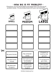 Practice problem solving with cats in sun glasses.  Cut out the problems and paste them into small, medium, and large.  This play therapy activity is great for morning work, counseling groups, and lunch bunches.  Helpful in a calming area to support problem solving and behavior management.  Supports flexible thinking in social interactions. #selfcare #mindsetiseverything #mindsetshift #cats #sunglasses #problemsolving #emotionalintelligence Teen Therapy Activities, Cats Sunglasses, Play Therapy Activities, Group Therapy Activities, Student Counseling Tools, School Social Workers, Flexible Thinking, Therapy Activity, Counseling Worksheets