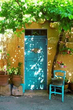 a blue chair sitting in front of a green door with potted plants on it