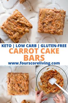 carrot cake bars are being cut into squares and placed on top of each other with the words, keto low carb / gluten - free carrot cake bars