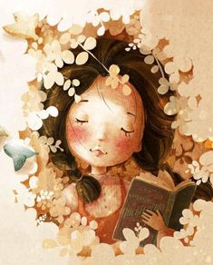 a painting of a girl with her eyes closed reading a book surrounded by flowers and butterflies