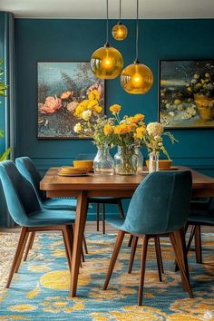 a dining room table with blue chairs and yellow flowers in vases on the table