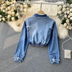 Chic denim long-sleeved cropped top Fabric: blended Color: blue Size(cm): free size length 41 bust 102 waist 60-100 sleeve length 55 Denim Polo, Wrap Jacket, Denim Chic, Cropped Tops, Top Fabric, Urban Chic, Denim Coat, Contemporary Fashion, New Wardrobe