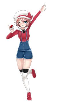 an anime character with red hair and blue shorts, holding her arms in the air