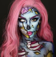 Eyeshadow Halloween, Halloween Zombie Makeup, Halloween Makeup Diy Tutorial, Pop Art Zombie, Horror Face, Zombie Halloween Makeup, Diy Eyeshadow