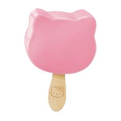 a pink popsicle with hello kitty on it's top and a wooden handle