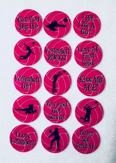 six pink badges with the words i lift you like a girl and volleyball player on them