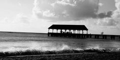 black and white photograph of a pier on the beach