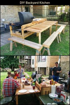 some people sitting around a table with food on it and an outdoor grill in the background