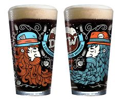 two beer glasses with different colored designs on the glass and one has a mustache, beards, and hat