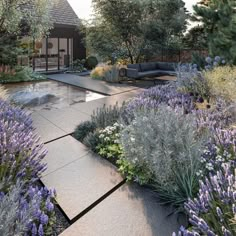 a garden with lavenders and other plants in it