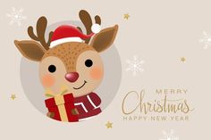 a christmas card with a reindeer holding a present in it's mouth and wearing a santa hat