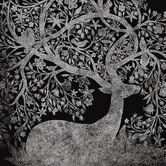 a black and white drawing of a deer surrounded by flowers