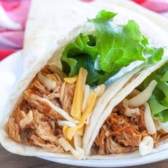 shredded chicken and lettuce wrapped in tortilla wrap on a white plate