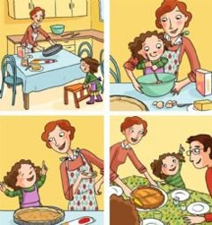 a family is cooking at the kitchen table for thanksgiving dinner, and there are four pictures showing how to make pies