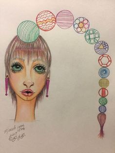 a drawing of a woman's head with different colored balls on her head and hair