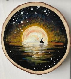 a painting of a person in a boat on the water under a full moon and stars