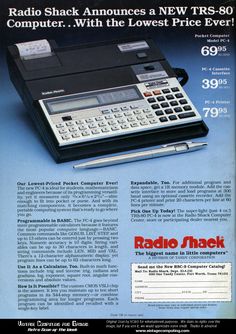 an advertisement for the radio shack with a calculator and keyboard on it's side