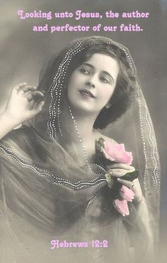 an old photo of a woman wearing a veil and holding a rose in her hand