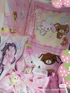 there is a pink bed with many stuffed animals on it