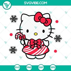 a hello kitty holding a candy cane with snowflakes around her and wearing a red bow