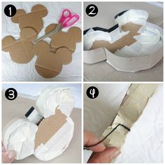 instructions for how to make mickey mouse cupcakes with paper and construction tape on top