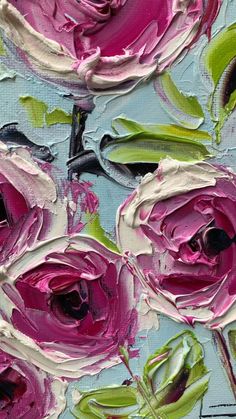 an abstract painting of pink flowers with green leaves