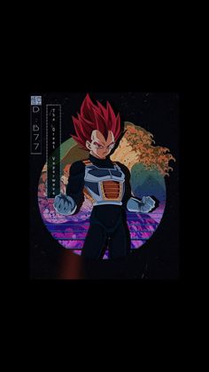 the dragon ball character is standing in front of a purple and black background with an orange circle