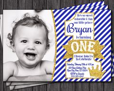 Prince Birthday Invitation - First Birthday Invitations - Royal Blue 1st Birthday Invitation by PuggyPrints on Etsy Prince Birthday Invitations, Prince Birthday Theme, Picnic Party Decorations, Owl Invitations, Prince Baby Shower Invitations, Prince Birthday Party, 1st Birthday Invitation