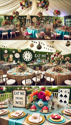 the tables are decorated with colorful flowers and plates for an outdoor wedding or bridal party