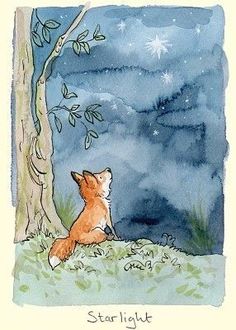 a watercolor painting of a fox looking at the stars