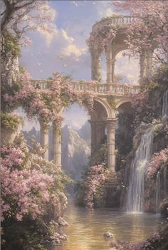 a painting of a waterfall in the middle of a forest with pink flowers on it