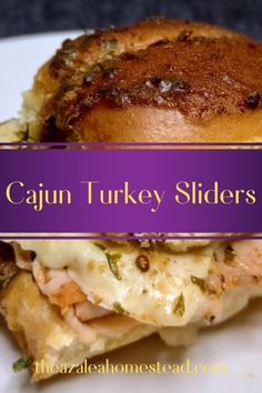 a close up of a sandwich on a plate with the words cajun turkey sliders