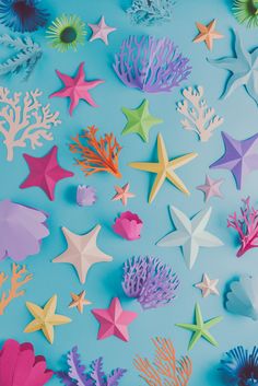 colorful paper stars and corals on a blue background