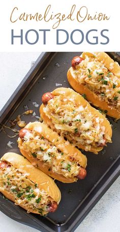 three hot dogs on a baking sheet with text overlay