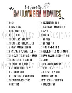 a halloween movie list with the words and numbers below it in black, orange, and white